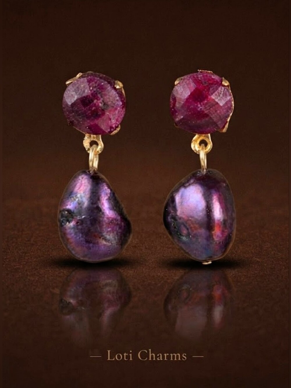 6 Total Carats Natural Ruby & Wine Baroque Pearl Earrings in Yellow Gold Plated